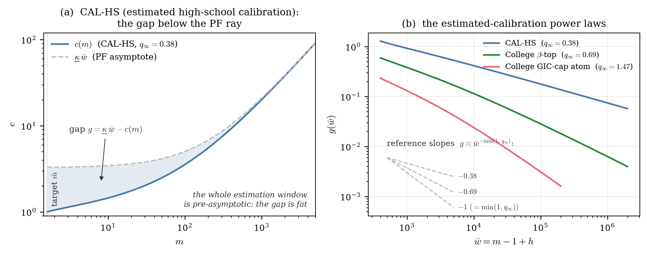 Left panel, the consumption function and its perfect-foresight asymptote visibly merging by m equals 5000 on a log scale, with the gap shaded; right panel, the gap versus wealth on log-log axes for the three estimated calibrations, each with its min(1,q_∞) reference slope.