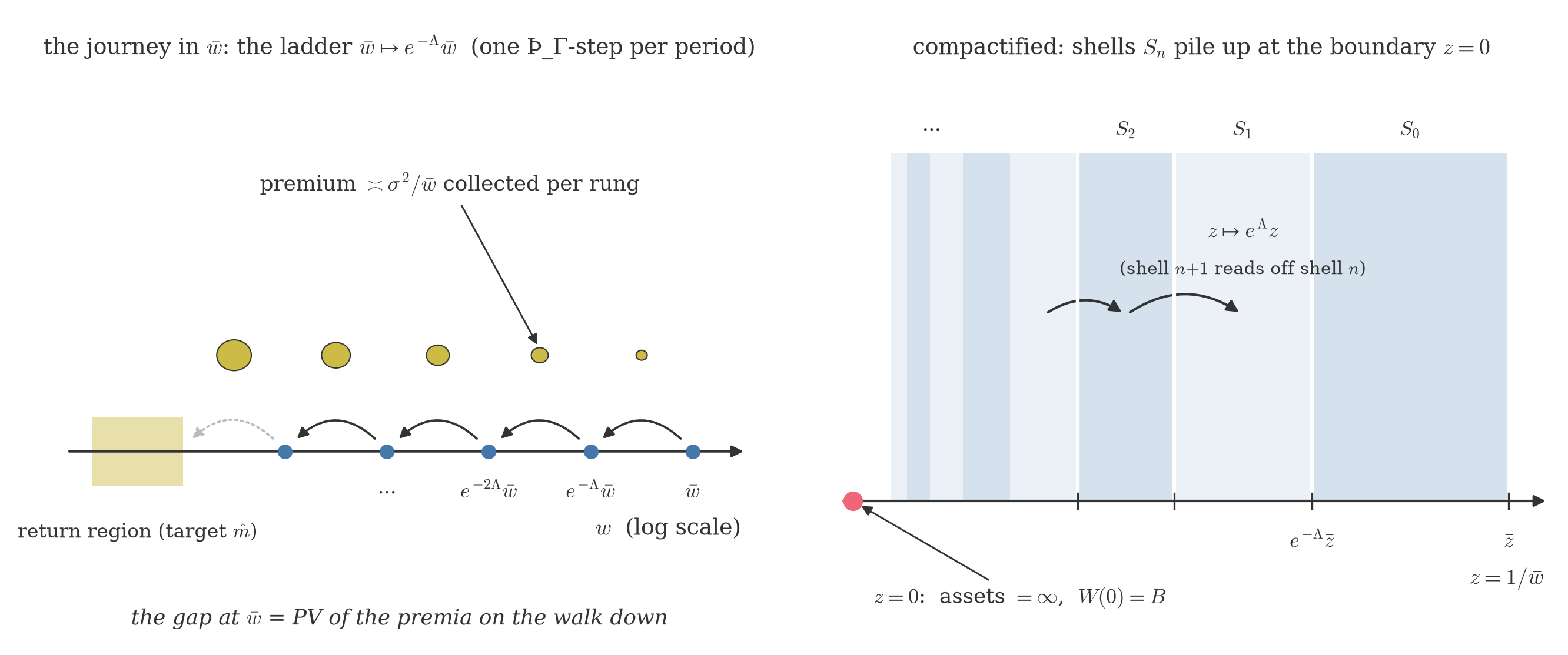 Left, the wealth-space ladder marching down toward the return region around the target; right, the compactified interval with shells accumulating at the boundary point z equals zero, arrows pointing away from the boundary.
