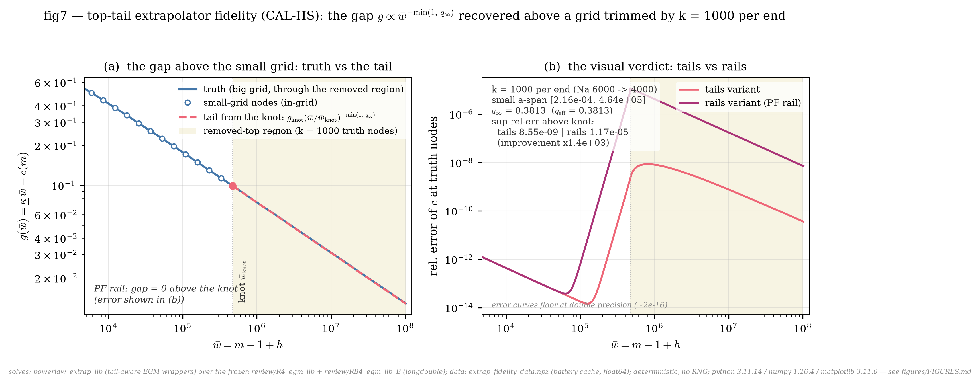 Two panels. Left, the precautionary gap above the small grid on log-log axes; the truth line runs through the removed region and the tail extrapolation lies on top of it. Right, the relative error of consumption at truth nodes; the tails curve sits about three decades below the rails curve everywhere above the knot.